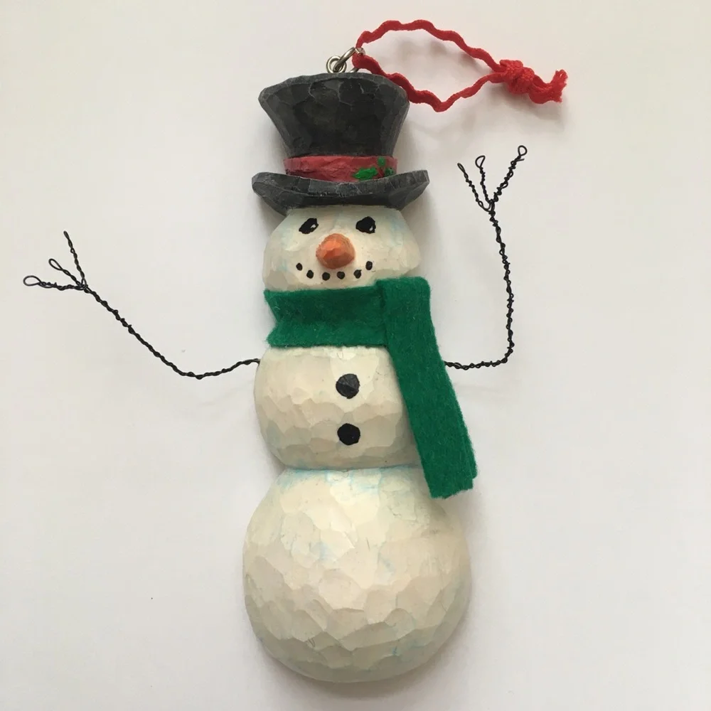 Hand Carved Wooden Snowman Ornament with Green Felt Scarf - Picture 1 of 2